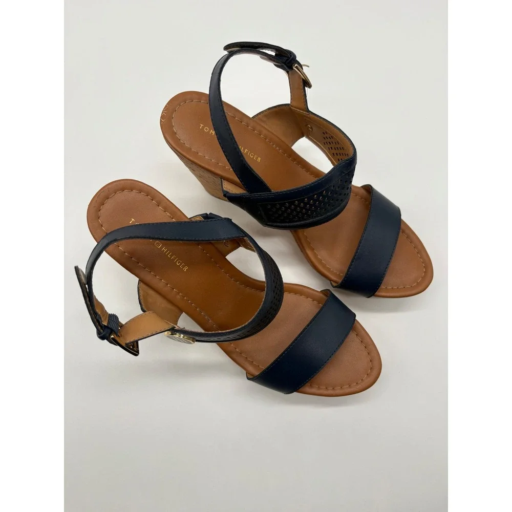 Tommy Hilfiger Wedge Sandals Womens 9.5 Navy Excellent Cork Heel Perforated